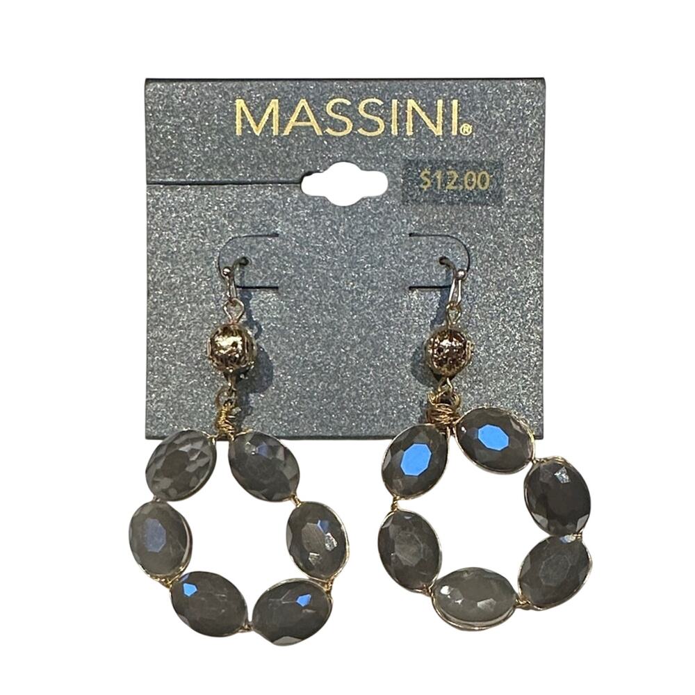 MASSINI‎ Gold-Tone Hoop Earrings with Gray Faceted Stones NWT